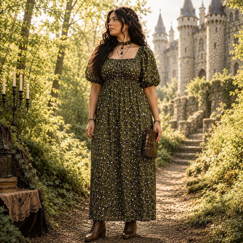Whimsigoth Fairycore Olive Floral Maxi Dress XL Ren Faire Cottagecore